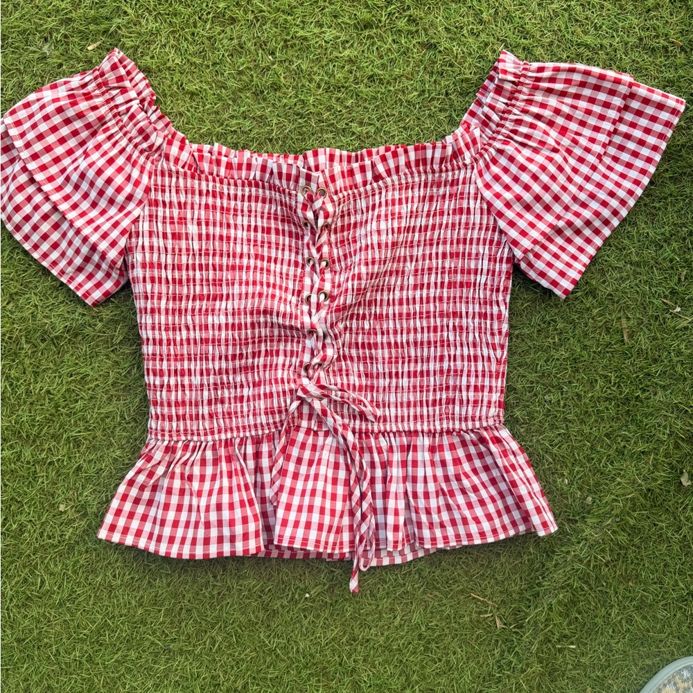 Topshop Red Gingham Off-Shoulder Peplum Blouse